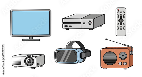Collection of vintage and modern electronic devices. Ideal for illustrating technology evolution, entertainment, or digital lifestyle.