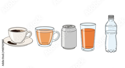 Collection of diverse beverages including coffee, tea, soda, juice and water. Suitable for illustrating hydration, refreshment options, or beverage choices in menus or infographics.