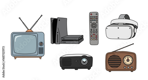 Collection of vintage and modern electronics illustrations perfect for technology blogs, educational materials, or showcasing the evolution of consumer devices.