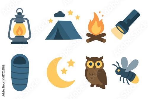 Camping icons: lantern, tent, campfire, flashlight, sleeping bag, moon, owl, firefly