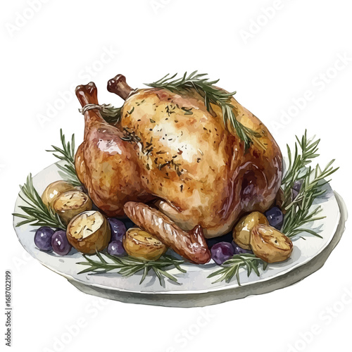 Turkey Roast, watercolor painting vector, isolated on a white background.