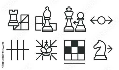 Minimalist chess icons set featuring essential pieces and strategic symbols