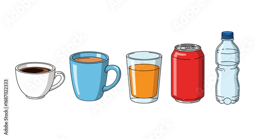 Diverse beverage selection in flat vector illustration style, ideal for menus, infographics, and health education materials, showcasing a range of drink options.