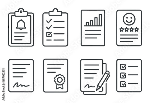 Set of document icons featuring checklists, graphs, certificates, and smiley face ratings