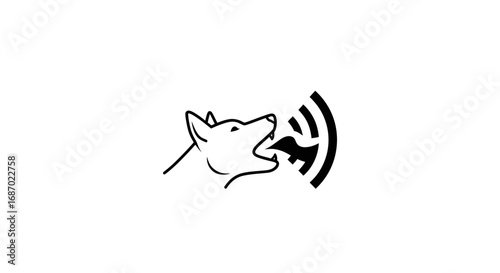 Minimalist line art icon of a barking dog with sound waves.