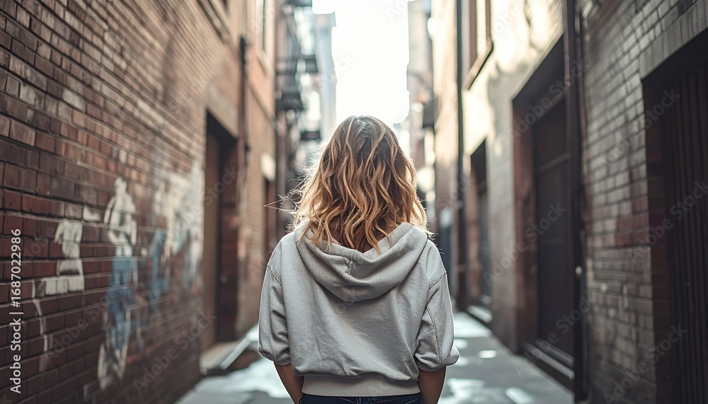 Fototapeta premium Close-Up of Person from Behind in Urban Alley – Streetwear Full-Width Composition