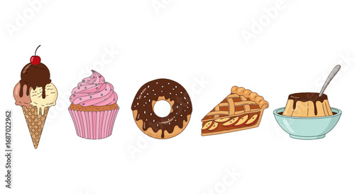 Delightful dessert illustration featuring ice cream, cupcake, donut, pie, and pudding for use in menus and food-related designs. Ideal for promoting bakeries, cafes, or recipe websites.