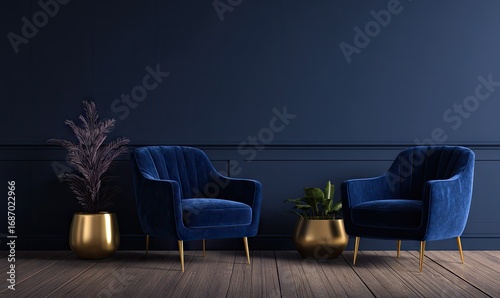 Two deep blue velvet armchairs in a dark room