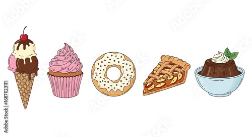 Colorful assortment of hand-drawn desserts including ice cream, cupcake, donut, pie and pudding. Ideal for illustrating food blogs, recipe books, or confectionery-themed designs.