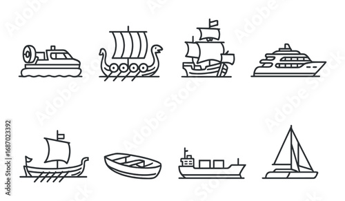 Minimalist line art: various ship and boat icons on dark background