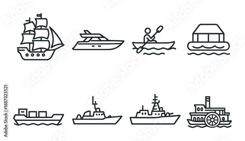 Outline illustrations of various boats and ships on dark background