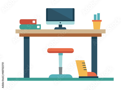 Modern office setup with computer desk footrest chair and supplies