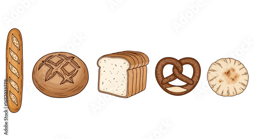 Variety of bread types illustration including baguette, round loaf, sliced bread, pretzel, and flatbread, ideal for bakery menus or culinary education materials.