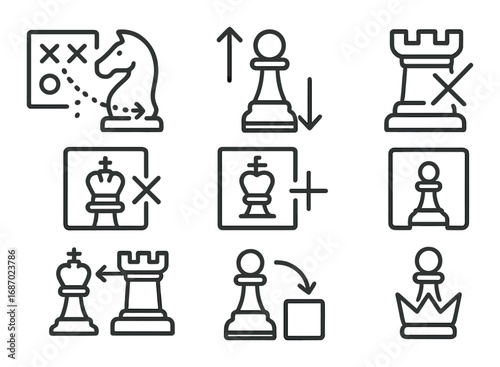 Chess strategy icons featuring knight, rook, king, and pawn in various positions