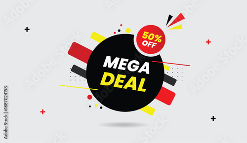 Mega offer fifty percent discount editable web banner icon vector illustration design black yellow red gradient shapes light gray abstract business background creative modern graphic