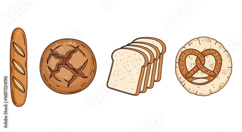 Assortment of bread vector illustrations for culinary projects and food-related designs, suitable for recipe books, bakery advertisements, or nutritional content.