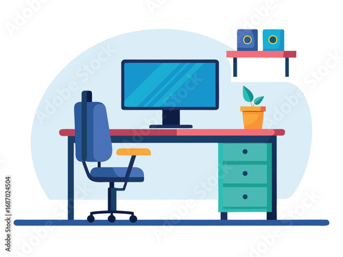 Modern home office setup with computer monitor ergonomic chair and desk essentials