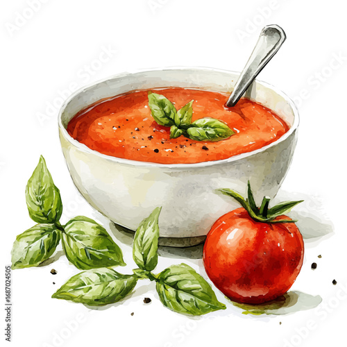 Tomato Soup, watercolor drawing vector, isolated on a white background.