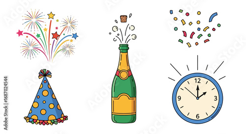 Festive New Year's Eve Celebration Design Elements Featuring Fireworks, Champagne Bottle, Party Hat, Confetti and Clock. Ideal for holiday invitations, greeting cards, and event promotions.
