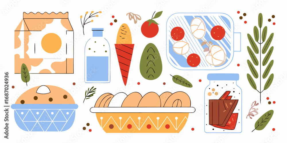 Fototapeta premium A whimsical collection of food items and ingredients arranged in a flat design style