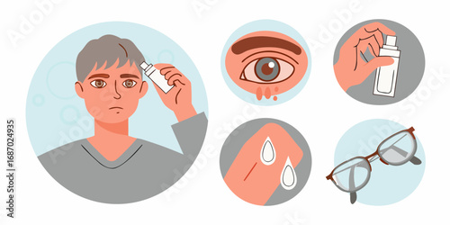 Man applying eye drops for dry eyes and vision care with medical illustrations