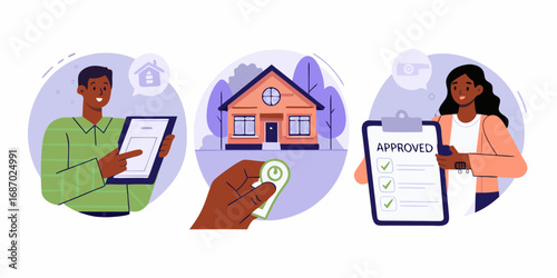 Diverse individuals completing the home buying process from application to approval and receiving keys