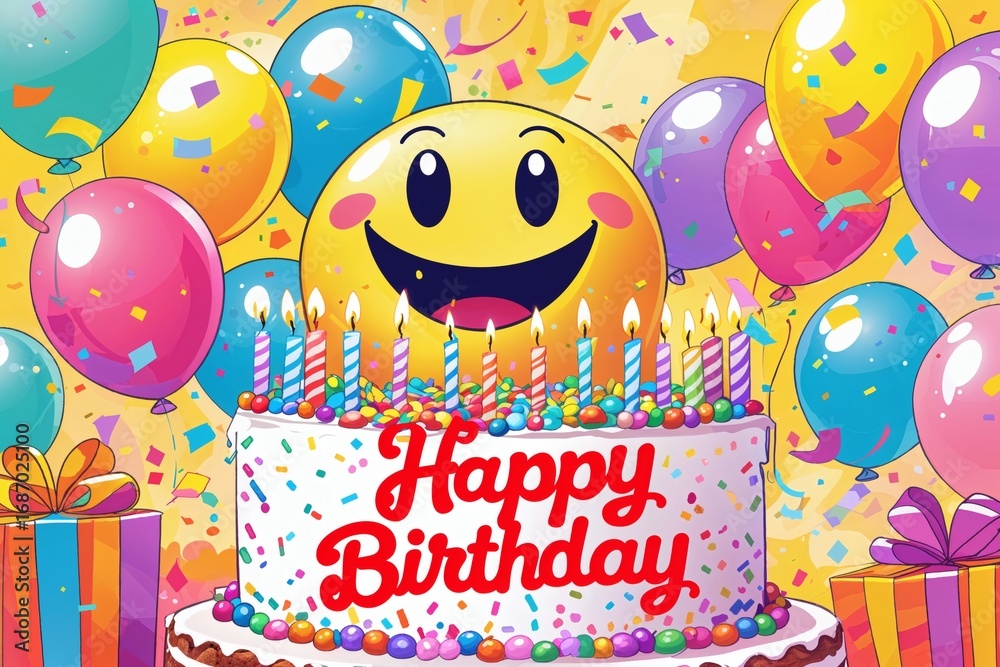 Naklejka premium Smiley face with birthday cake and colorful balloons for celebration 