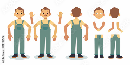 Cartoon character builder set with a friendly male worker in overalls and separate body parts for animation