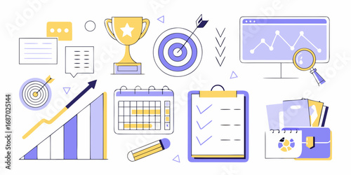 Collection of business and finance icons representing success planning and growth in a modern flat design style