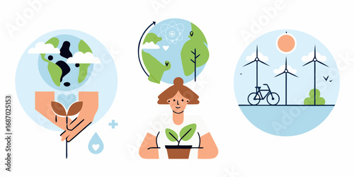 Illustration of earth care and renewable energy concepts with hands holding a plant and a woman with a potted plant