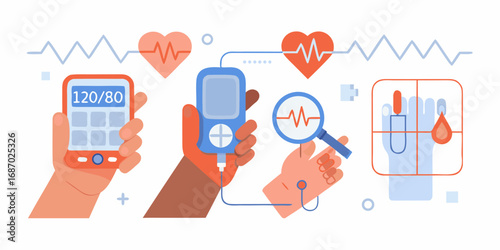 Illustration of healthcare monitoring devices and vital signs with human hands