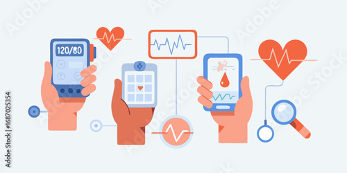 Hands holding medical devices and smartphones displaying health data and vital signs