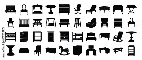 Set of black furniture silhouettes collection, Vector illustration of various furniture silhouettes including chairs, tables, beds, cabinets, and decorative pieces, ideal for design