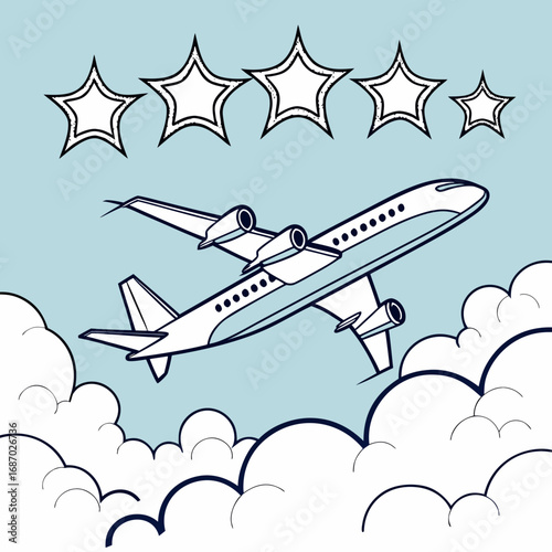 Vector art of airplane flying through clouds with five stars rating for best travel service