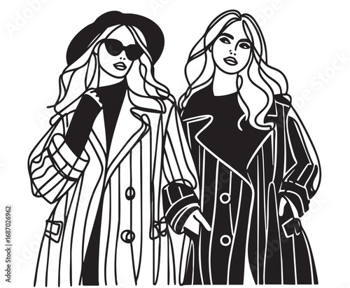 Fashion models. Sketch. Woman in coat. Autumn