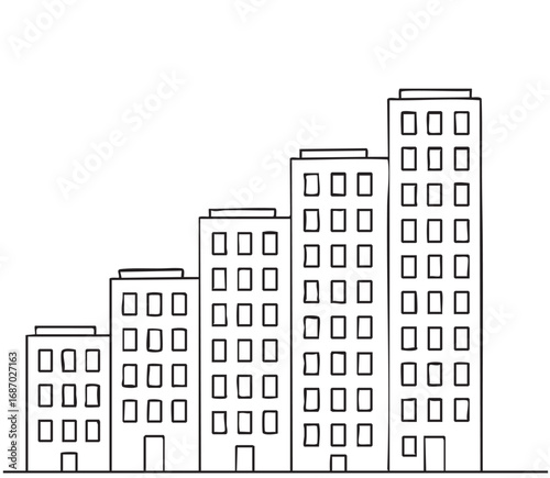 Simple line drawing of modern building architecture. High rise building sketch