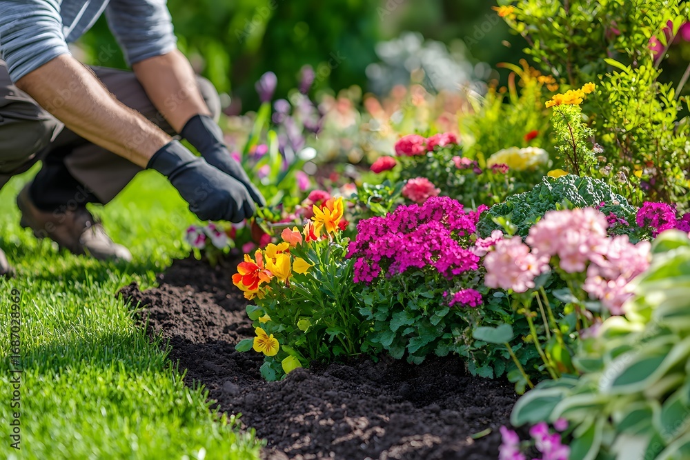 Fototapeta premium Landscaper Planting Colorful Flowers in Garden