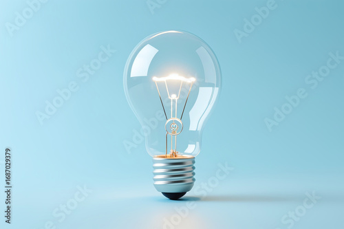 Photorealistic transparent light bulb shaped like a human head profile on light blue gradient background with realistic lighting