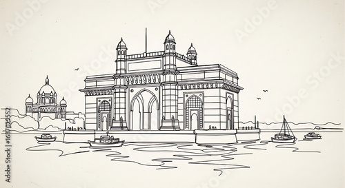 Gateway of India in Mumbai drawn in a continuous one-line style. Minimalist vector illustration of the iconic Indian monument and landmark.