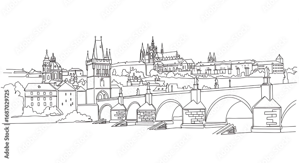 Fototapeta premium Prague's Old Town Square and Astronomical Clock in a single line drawing. Minimalist vector illustration of the famous Czech Republic landmark.