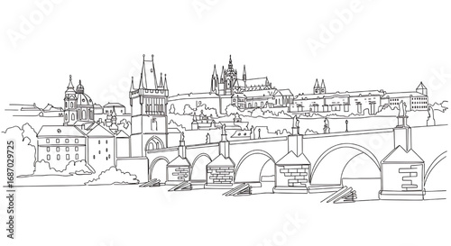 Prague's Old Town Square and Astronomical Clock in a single line drawing. Minimalist vector illustration of the famous Czech Republic landmark.