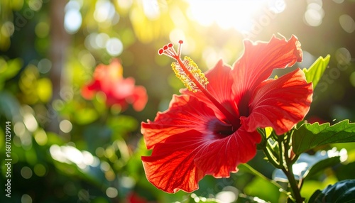 Red Hibiscus Blooms Bathed in Sunlight, A Tropical Paradise Unveiled