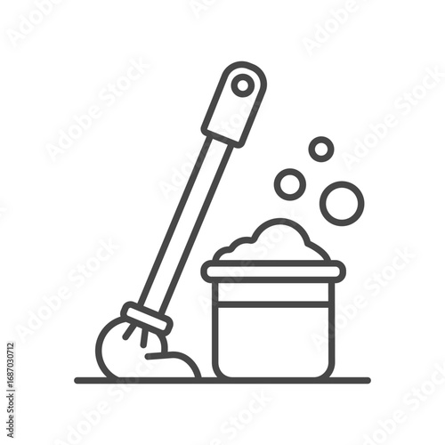 A mop rests next to a bucket of soapy water with bubbles. Editable stroke. Icon vector illustration