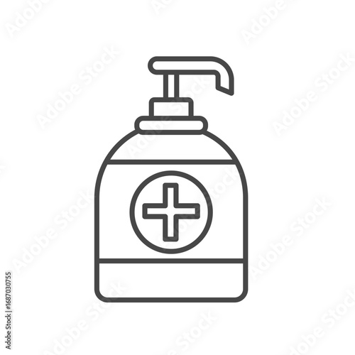 An outline drawing of a hand sanitizer bottle with a pump dispenser and a plus sign on the label. Editable stroke. Icon vector illustration