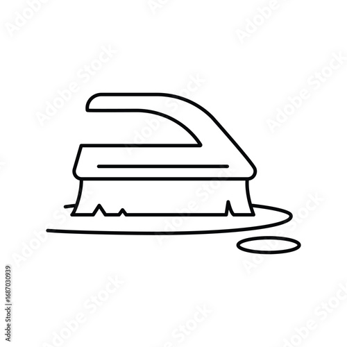 A black lineart depicts a scrub brush on a surface with a handle bristles and a small ring nearby. Editable stroke. Icon vector illustration