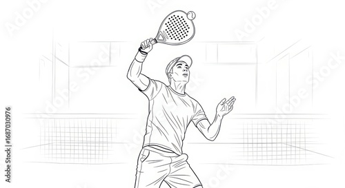 Monochrome Athlete Playing Racket Sport Inside, Line Art Illustration