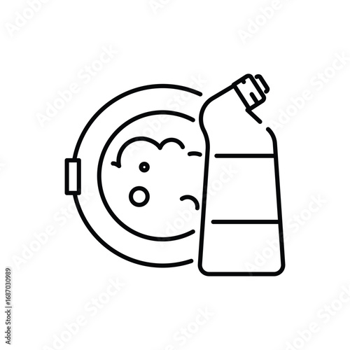A bottle with horizontal lines sits beside a dish with bubbles in a line art style. Editable stroke. Icon vector illustration