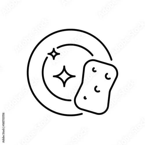 A line drawing depicts a clean plate with a sponge indicating dishwashing Two stars are displayed. Editable stroke. Icon vector illustration