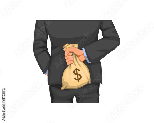 Businessman hiding a bag of money behind his back. A concept illustration representing corruption, bribery, and financial crime