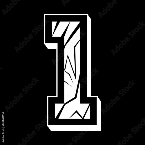 Vector design of the number one with a cracked pattern. with a black background.